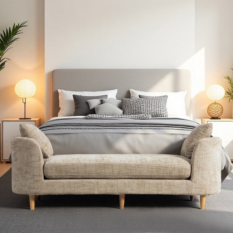 77.17" Chenille Upholstered Bench with Armrests and 2 Pillows, Wheat