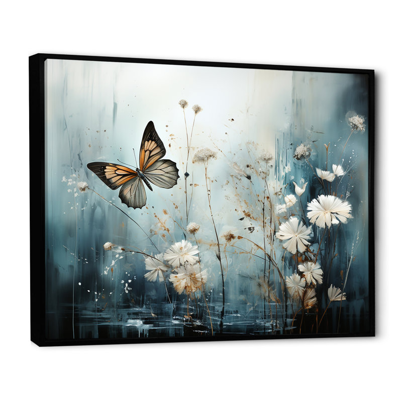 Papillon champ de fleurs sur toile, H 12 po x l 20 po x P 1 po, Cadre flottant noir