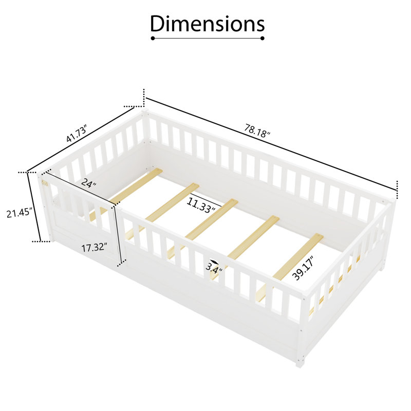 Lit simple en bois Montessori avec garde-corps, porte, lattes de soutien, cadre de lit gris pour enfant, Simple, Blanc