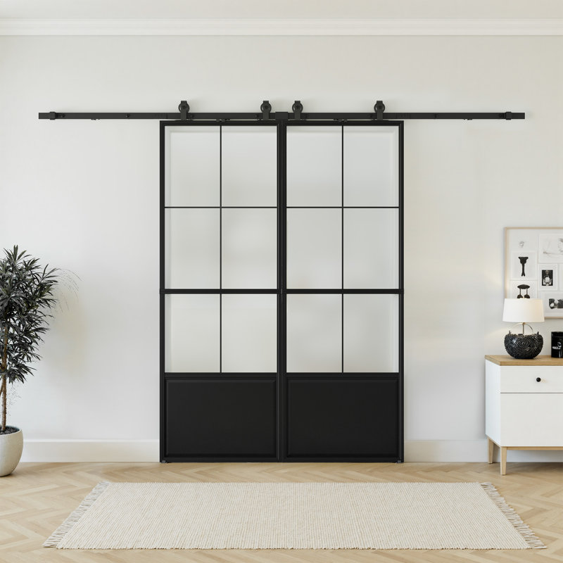 Portes de grange doubles coulissantes en métal et verre 3/4 Lite avec trousse de quincaillerie d'installation et fermeture en douceur (deux pièces de portes)