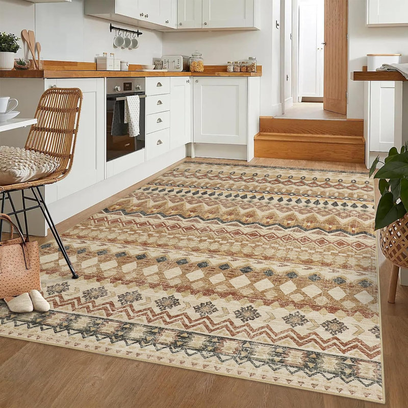 Vintage Distressed Geometric Hallway Carpet Machine Washable Non-Slip Indoor Long Rug Non-Shedding Accent Carpet Beige