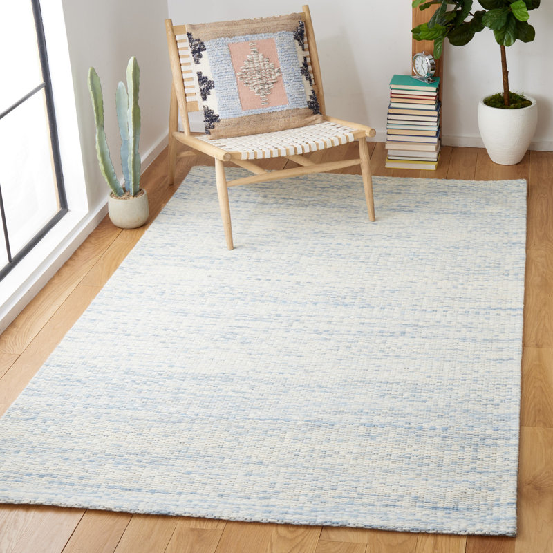Tapis bleu / ivoire en laine tissé à la main Aon, Rectangle 4 pi x 6 pi