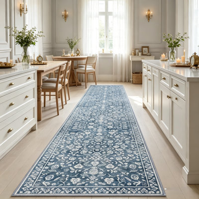 Blue White Vintage Runner 2'x12' Non-Slip Rubber Backed