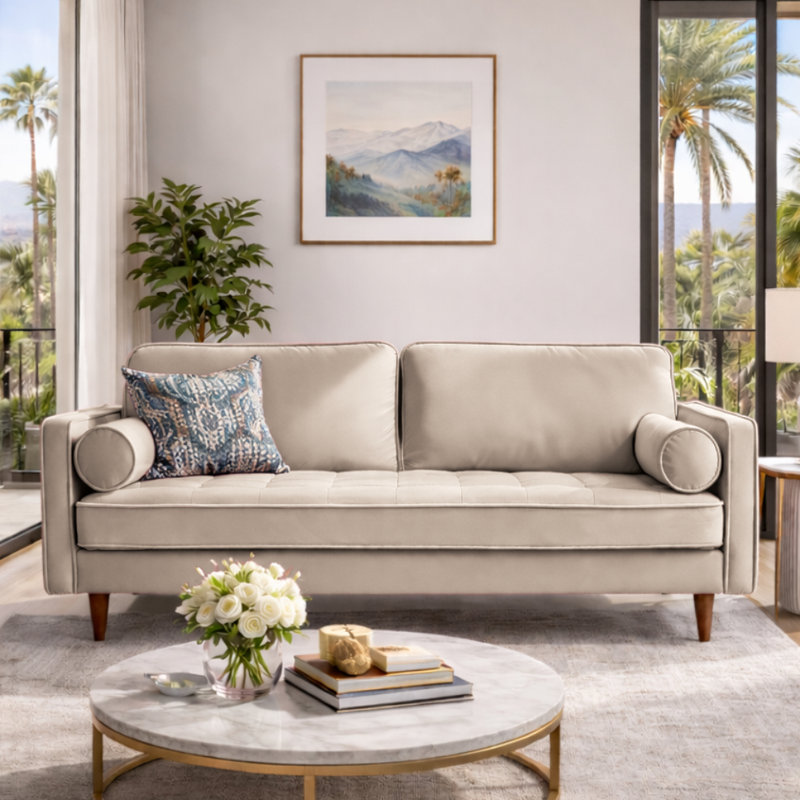 Alden 70" Square Arm Velvet Sofa, Ivory