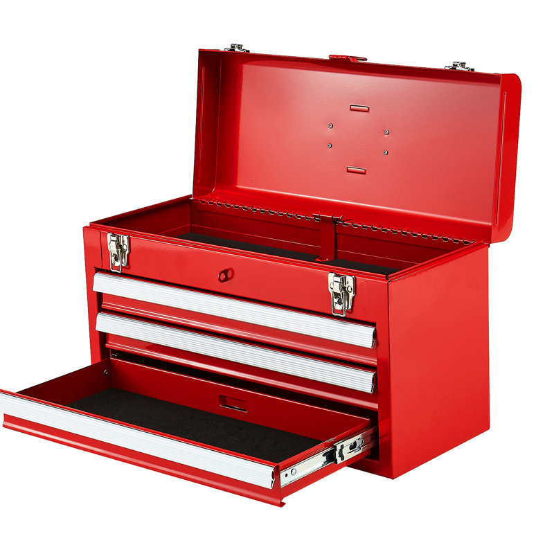 Boîte à outils portative en métal rouge de 20,5 pouces avec 3 tiroirs, beaucoup d'espace, verrouillage automatique, charnière lisse pour le rangement, mouvement de tiroir sans effort