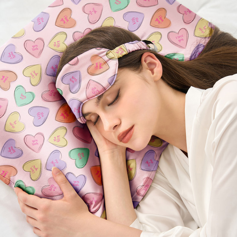 Wonderful Textile 100% Silk Pillowcase with Silk Eye Mask, Full / Double, Pink Geometric