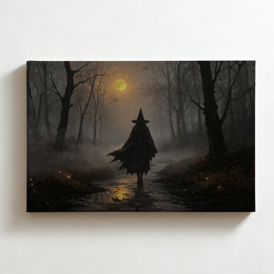Sorcière marchant dans une forêt sombre, impression sur toile d'art fantastique numérique pour Halloween, décoration murale gothique pour salon ou chambre, 50 x 75 cm