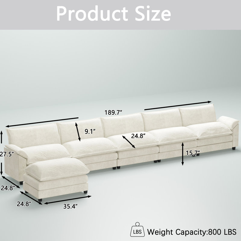 Wynter 6-Piece 189.7" Upholstered Chenille L-Shape Sectional, White Chenille