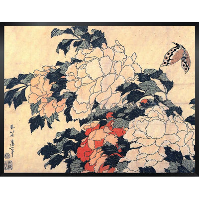 «Pivoines japonaises et papillon» par Katsushika Hokusai, reproduction d'art sur papier