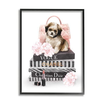 Chiot moelleux sur des livres de mode, fleurs roses, giclée noire, art texturé par Ziwei Li