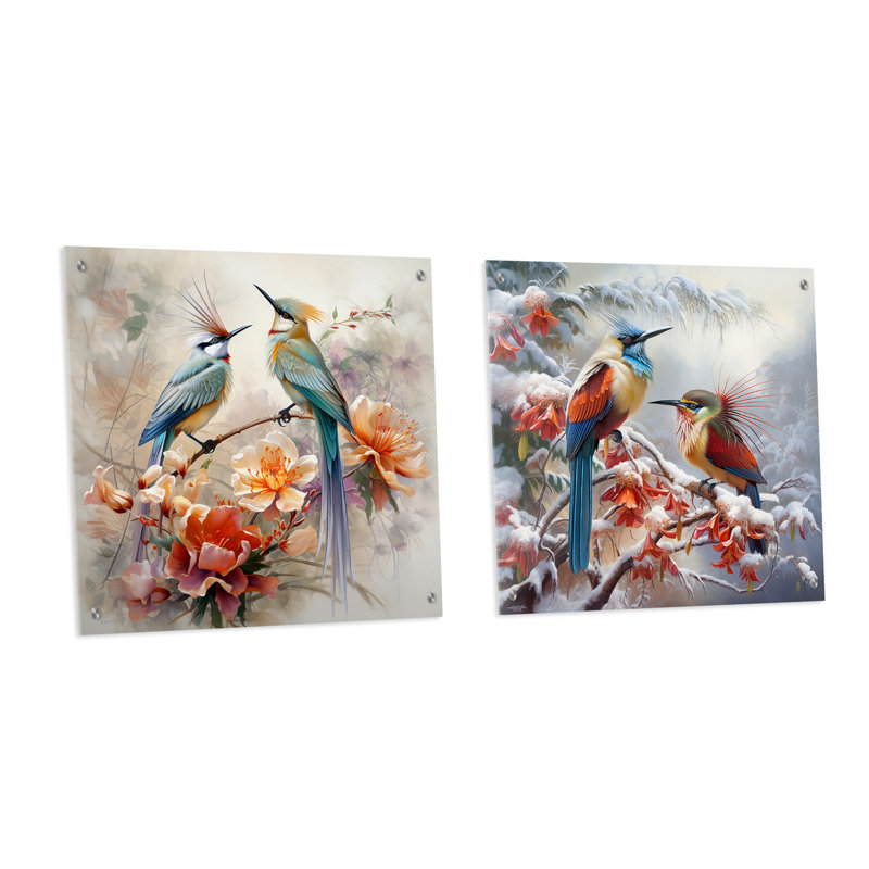 «Bird Paradise Floral Charm In Winter», ensemble de 2 peintures murales en acrylique, H 36 po x l 73 po