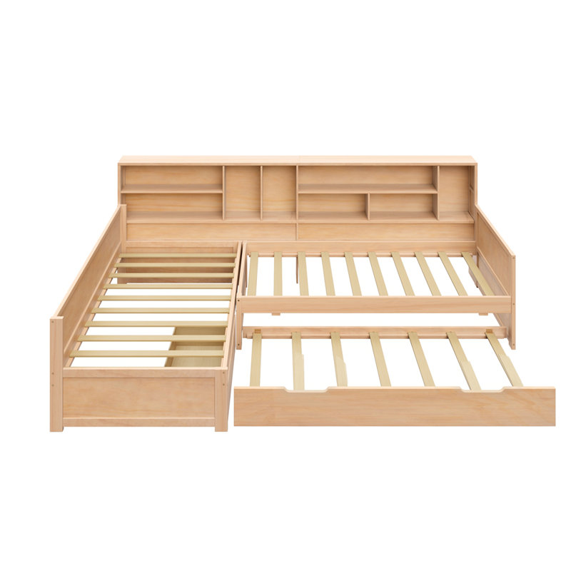 Twin Size Wooden L Shaped Daybed with Under-bed Trundle and Storage Drawer, Versatile Corner Bed Frame with Bookcases for 3