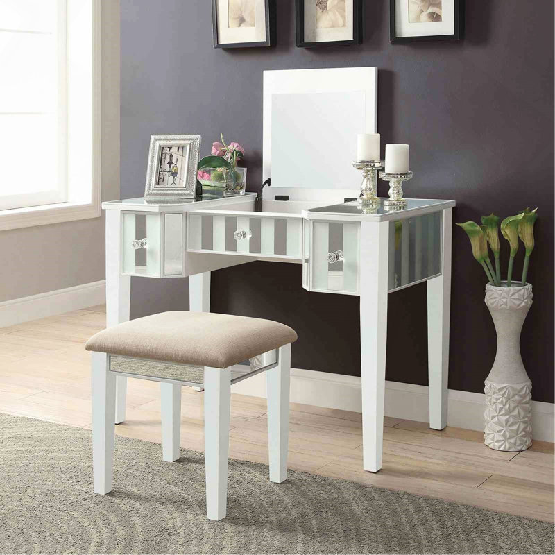 Transitional Style 1Pc Vanity W/ Stool Set Core Design Storage Drawers Central Mirror Padded Stool White Finish Bedroom Furniture