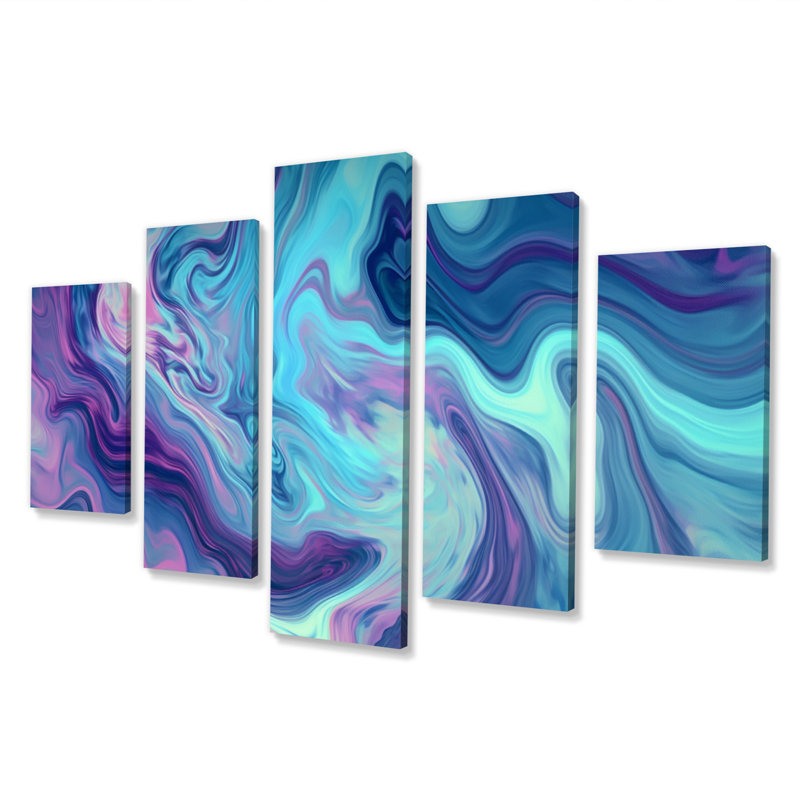 Turquoise mauve marbré Fusion I - décoration murale abstraite - 5 panneaux