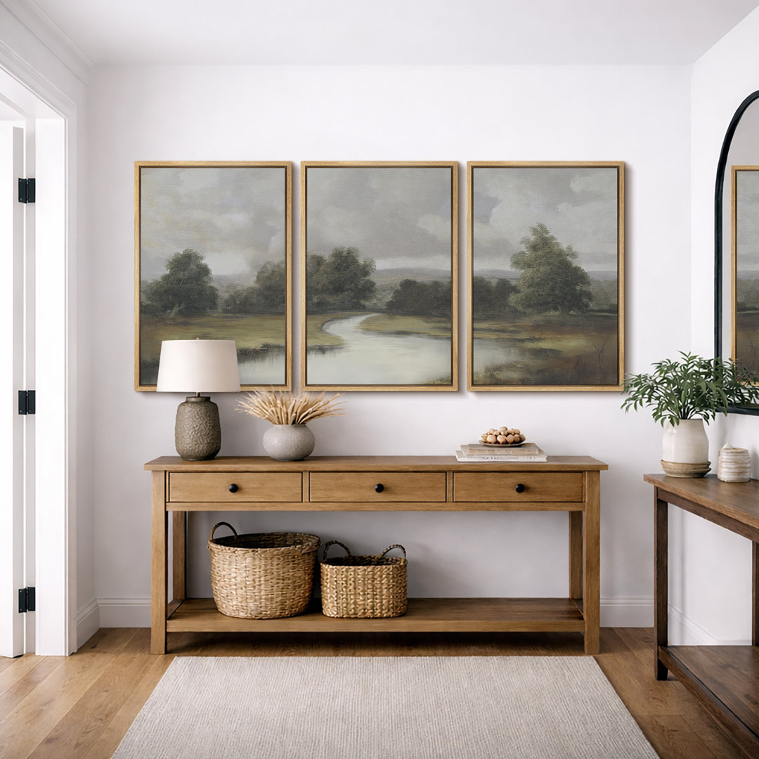 Natural Forest River Landscape Framed On Canvas 3 Pieces Print IDEA4WALL