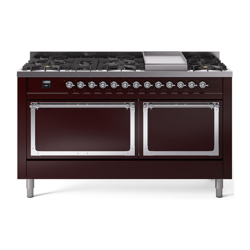 ILVE Nostalgie II Noblesse 60 in Dual Fuel Range, 9 Burner, Griddle, Liquid Propane, Burgundy/Chrome