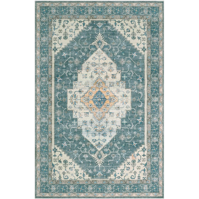 Vintage Boho Runner Rug – Washable Medallion Print, Non-Slip, Low Pile Floor Mat for Bedroom, Dining Room, Office (Grey-Green)