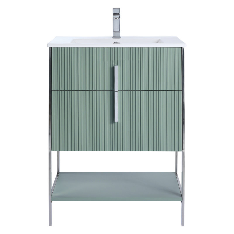  Serenity Modern Bathroom Vanity with White Ceramic Top, Mint Green/Chrome, 24"