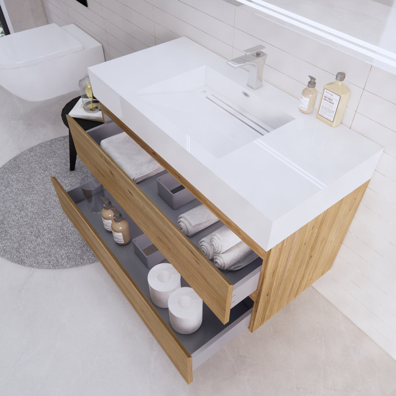 Babajide 42'' Single Bathroom Vanity with Acrylic Top, Natural Oak