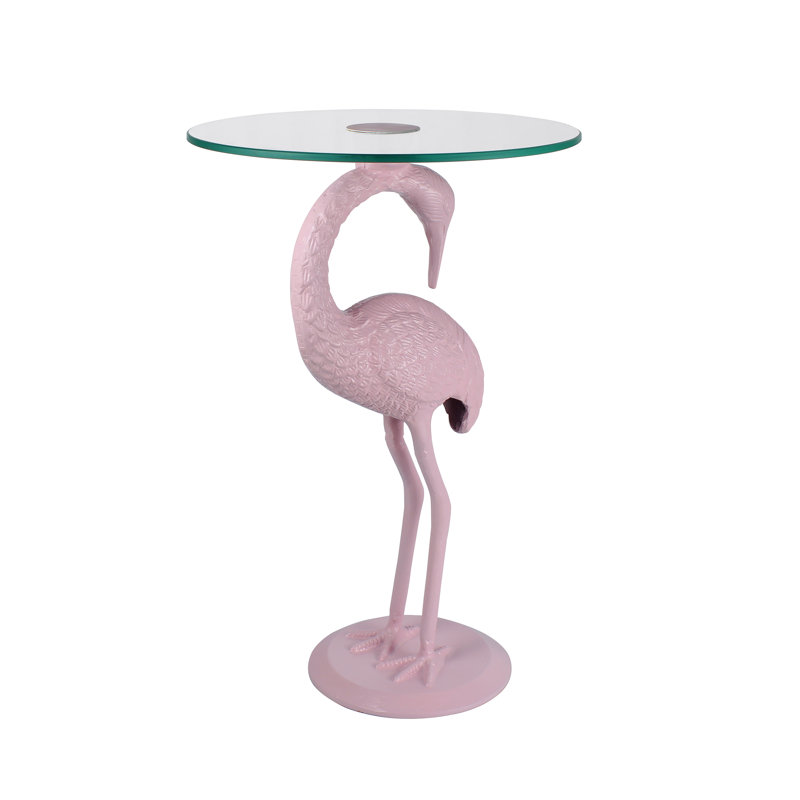 Blanche 25" Coastal Pink Flamingo Accent End Table, Round Clear Glass Top & Glossy Aluminum Base, Whimsical Side Table for Living Room