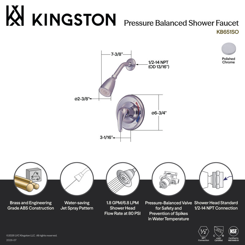 Robinet de douche Kingston à pression équilibrée à poignée simple Kingston Brass, Chrome poli