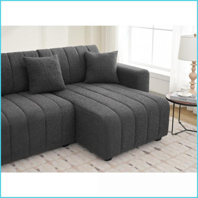 Plush Lamb Wool Right-Facing Sectional Sofa with Chaise for Living Room | Dark Gray | Wool | Cushion Back