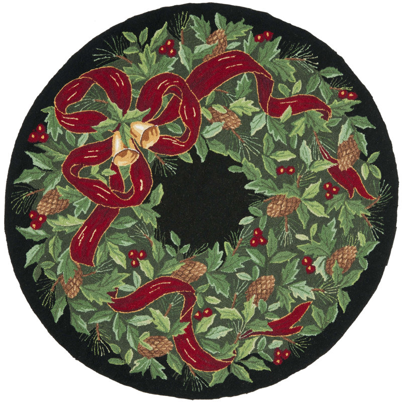 Tapis rouge / vert en laine à motif oriental rétro, Rond 3 pi