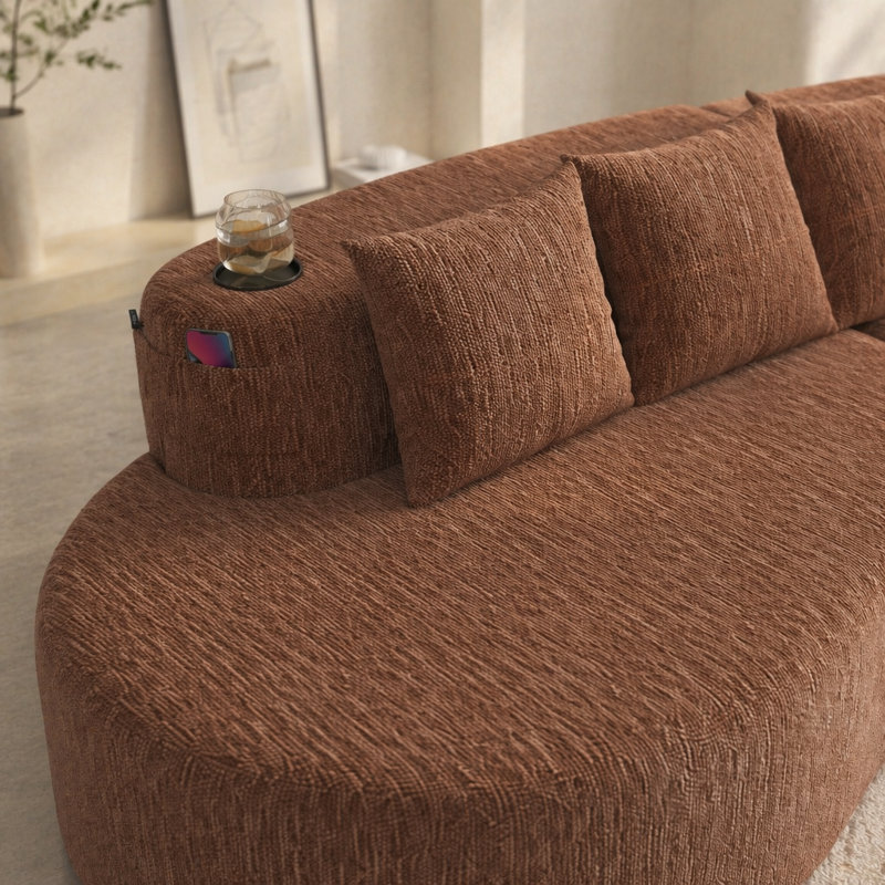 Canapé modulaire incurvé moderne 3 places, Chenille orange, Orange
