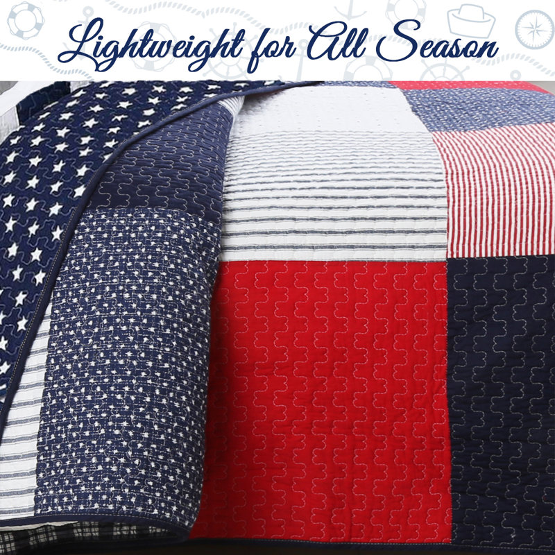 Patriotic Patchwork Red White and Blue Cotton Twin Quilt Set