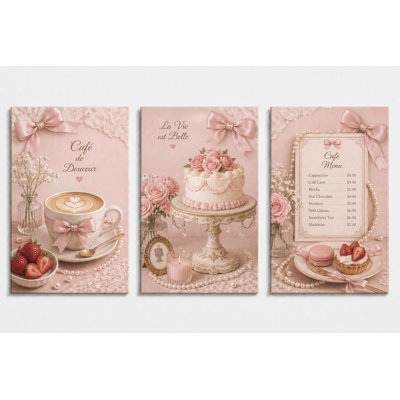 Grand ensemble de 3 reproductions d'art sur toile Coquette Pink Cafe, French Bakery Kitchen Decor for Room