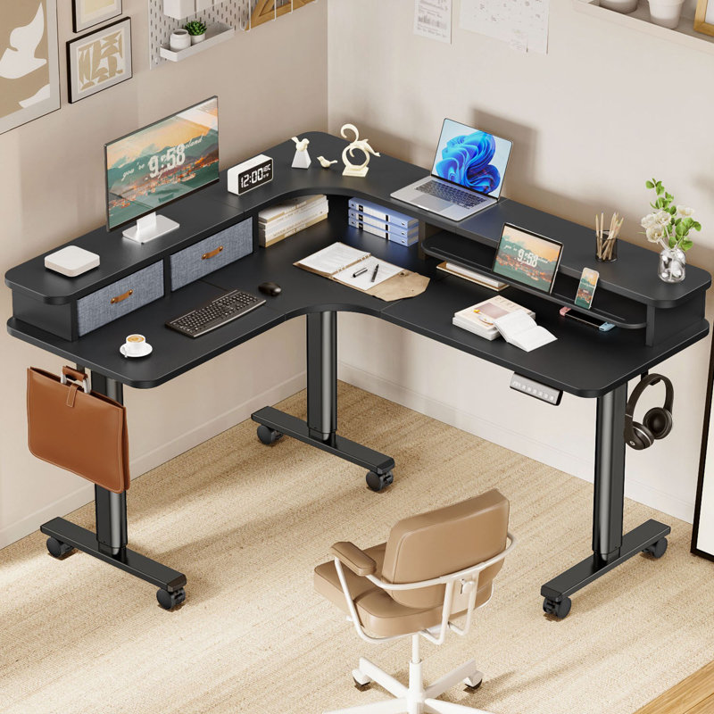 Bureau debout en coin à hauteur ajustable en L de 63 po avec tiroirs Gamers, Noir