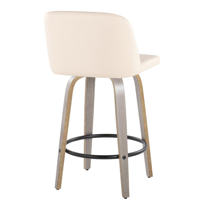 Toriano 26" Contemporary Fixed Height Counter Stool With Swivel In Light Grey Wood And Cream Faux Leather With Round Black Metal Footrest By Lumisource - Set Of 2