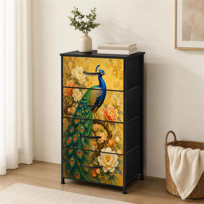 Commode à 4 tiroirs pour la chambre à coucher Élégant paon perché au milieu de fleurs vibrantes Golden Chinoiserie