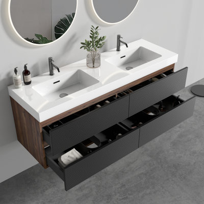 Meuble-lavabo mural 60 po avec lavabo à surface solide et tiroirs Huettl