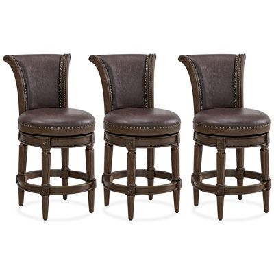 Runyan Bar Stool, Dark Walnut & Vintage Brown Vegan Leather, Set of 3