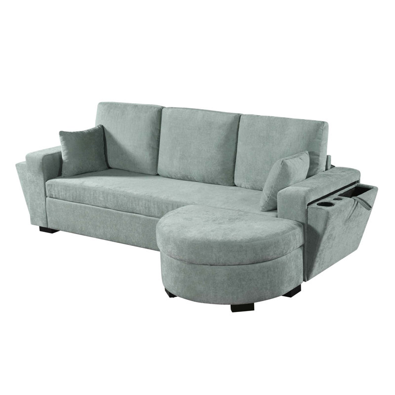 Canapé d'angle avec pouf de rangement, ports USB et porte-gobelets, Chenille bleu-vert
