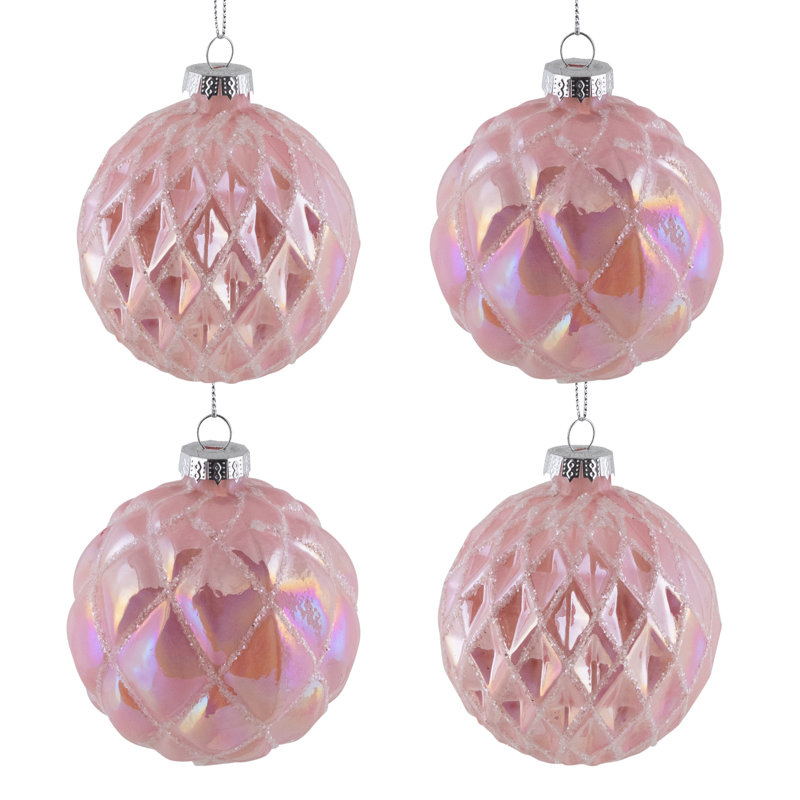 Glittered Geometric Iridescent Glass Ball Christmas Ornaments - 3" (80Mm) - Pink - 4Ct