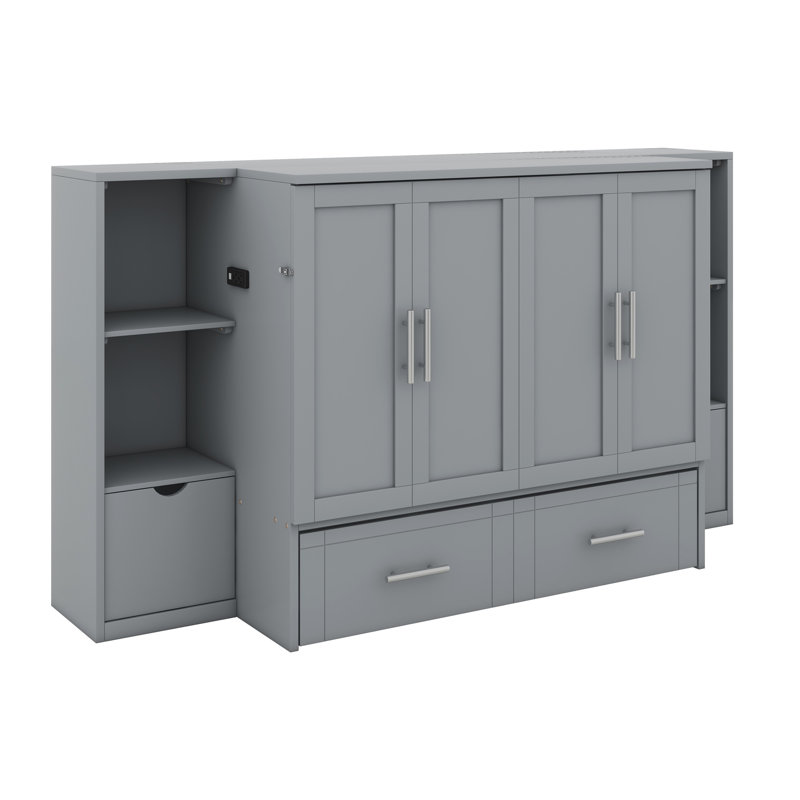 Lit escamotable avec tablettes, tiroirs et ports USB, gris, Grand