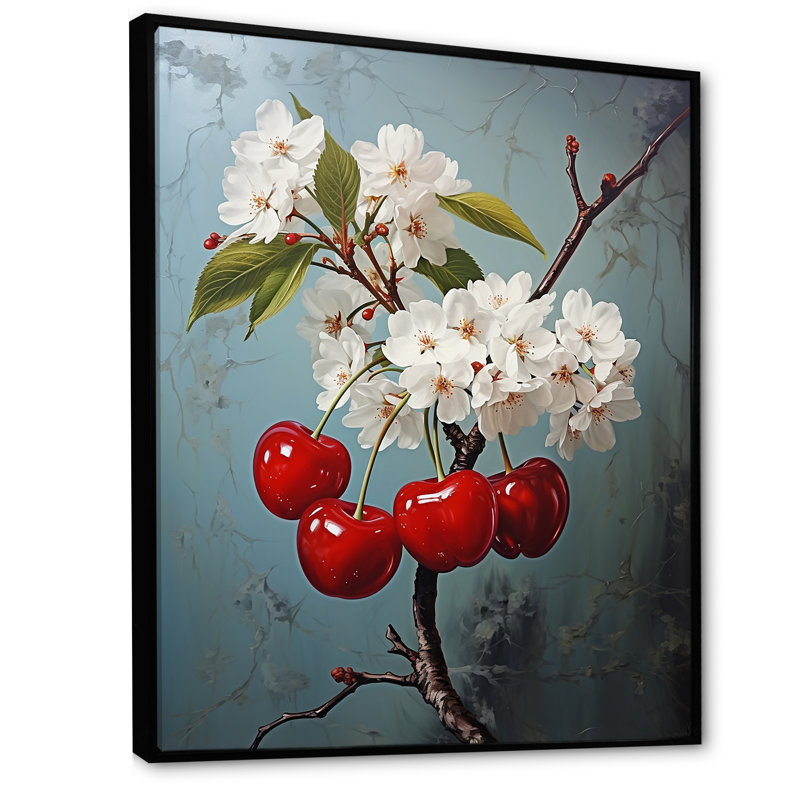 «Chuckling Cherry Charm II - Fruit», art mural salon_105730, Cadre flottant noir, H 32 po x l 24 po x P 1 po