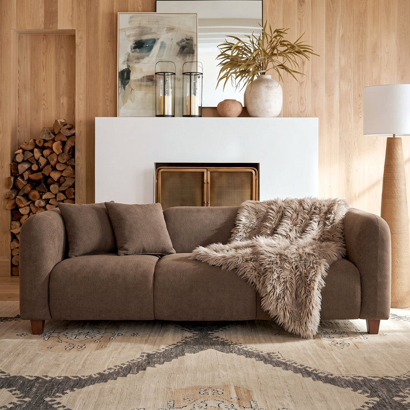 Canapé rembourré moderne à 3 places de 87 po avec assise profonde et pieds en bois massif Barton, Velours brun foncé