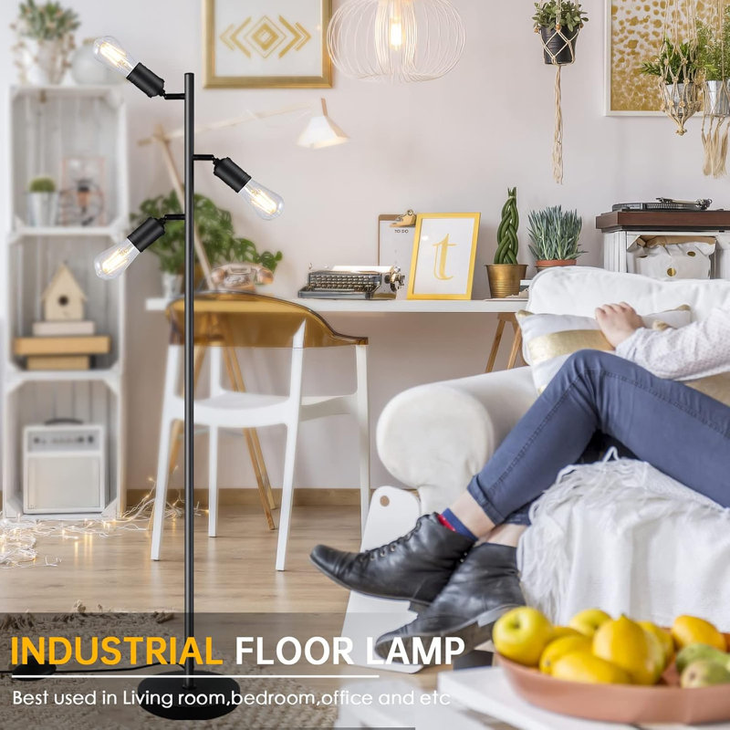 Black Adjustable Industrial Tree Floor Lamp with Rotatable Lights