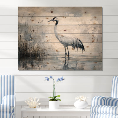 Crane dans un étang brumeux I - Décoration murale animal en héron - sur bois de pin naturel