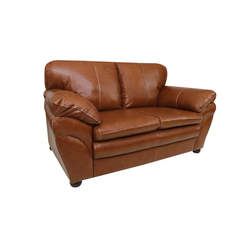 Causeuse 65 po en cuir véritable avec accoudoirs coussinés en cuir véritable, Brandy sauvage
