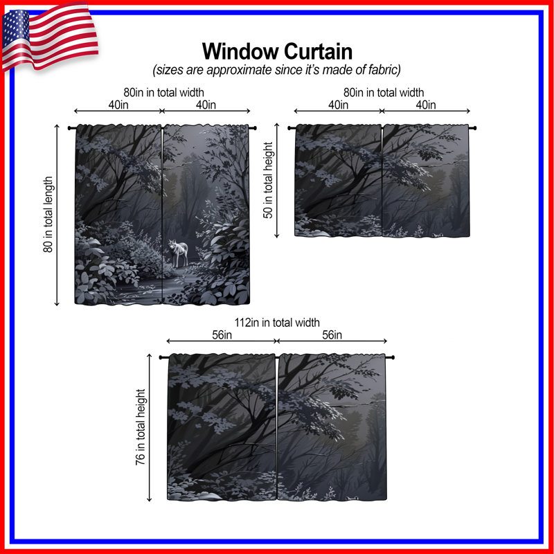 Rideaux gris obscurcissant loup gris dans la forêt - 2 panneaux, 40in x 80in - 2 panels, Transparent