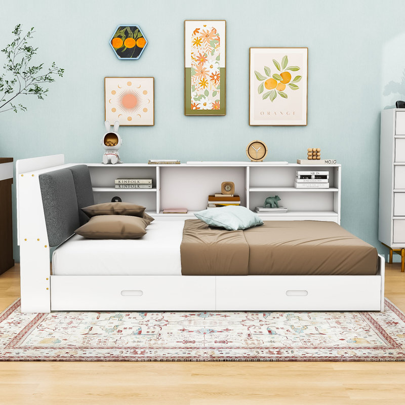  Lit plateforme en bois Ellingson avec tête de lit, tablettes et 2 tiroirs, Blanc