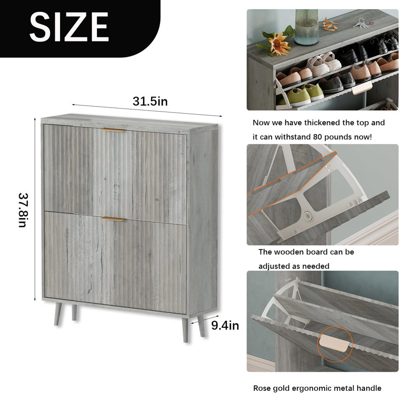 Slim Shoe Cabinet With Flip-Top Drawers, Gray