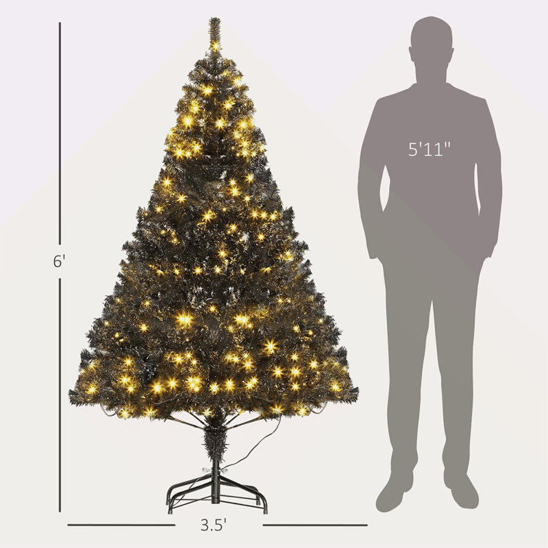 Sapin de Noël artificiel de 6 pi avec branches réalistes, 250 lumières DEL blanc chaud et 1000 pointes, noir, Noir