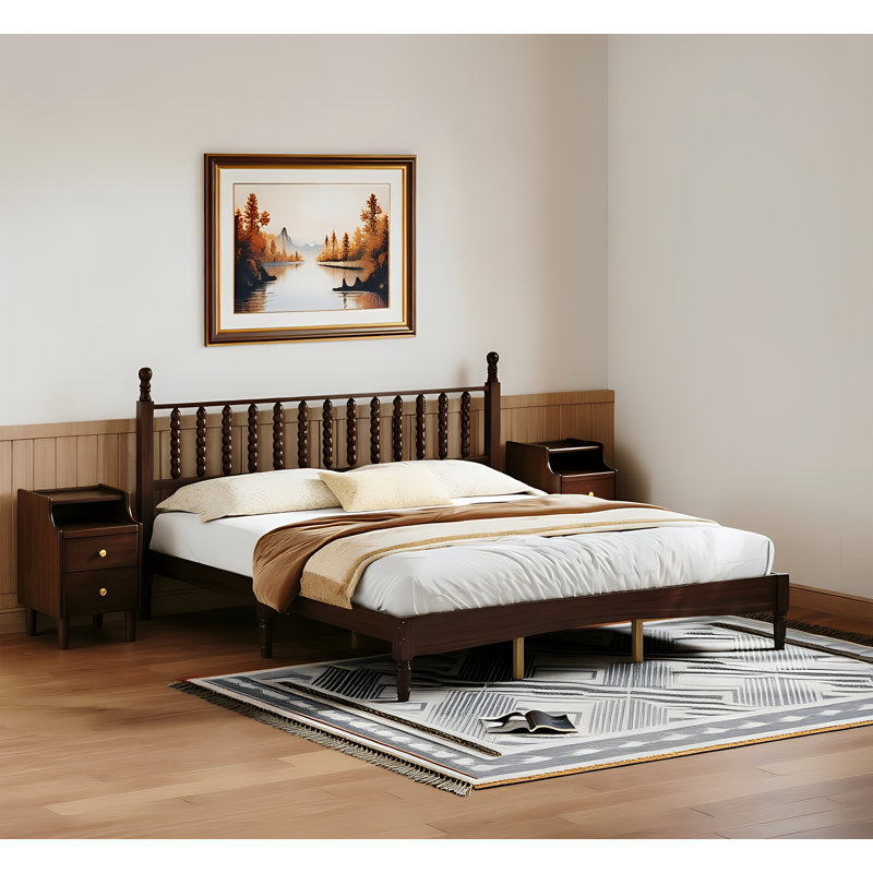 Ensemble de chambre à coucher 3 pièces, très grand lit en bois de style rétro et tables de chevet en bois massif avec plateau en verre trempé