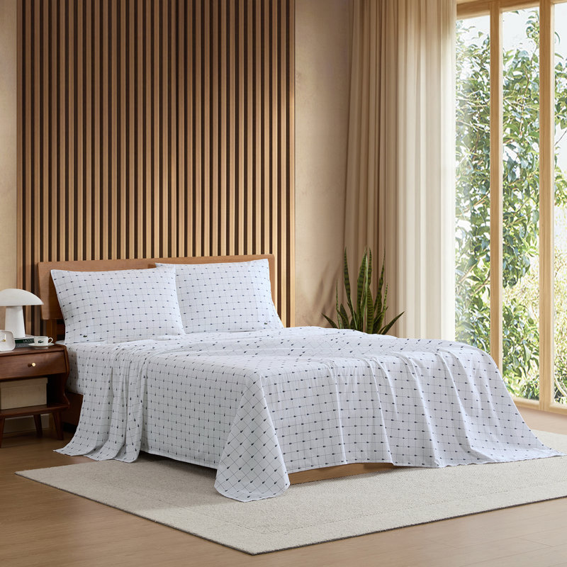 Lacoste Slice Cotton Percale Sheet Set, Crisp Feel & Breathable Bedding, Deep Pocket Fitted Sheet, Navy, Cal King, Navy