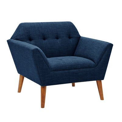 Méridienne avec design Mid-Century, boutons, pieds en bois de pacane massif, mousse haute, rembourrage bleu, fauteuil Mid-Century moderne, coussins,